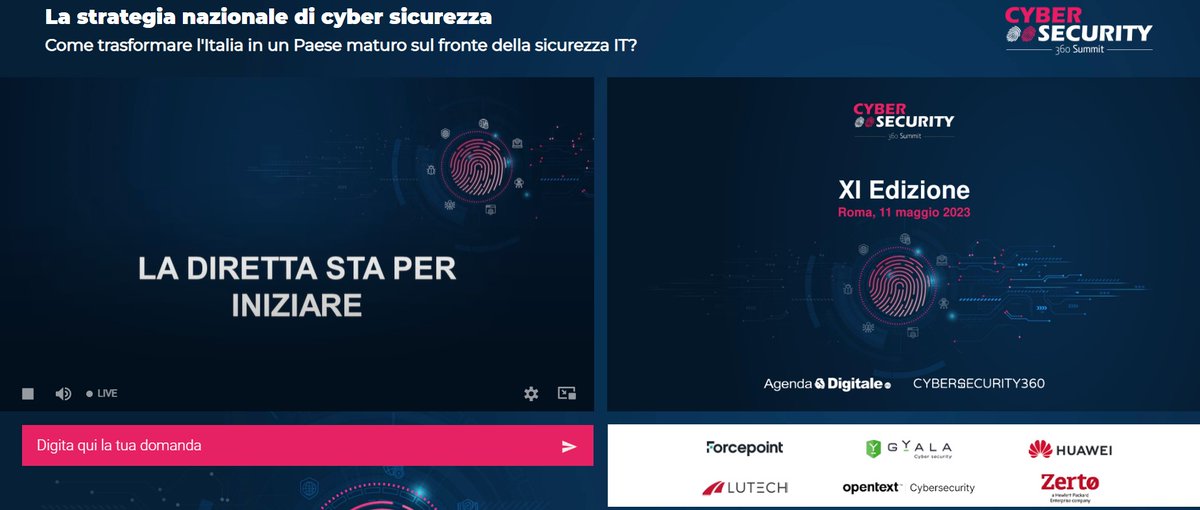 Cybersec360's tweet photo. Sta per iniziare questa nuova edizione di #CySec360summit dove parleremo della strategia nazionale di #cybersicurezza; sarà disponibile una chat e rispondere agli instant poll in diretta. Seguici! @Agenda_Digitale @Digital360Group https://t.co/yoBwQpM76d