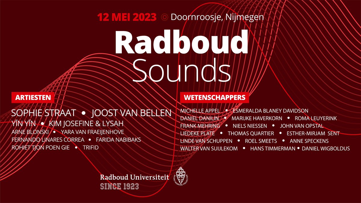 Radboud_Uni's tweet photo. 🎉 #Radboud100 - en waar is dat feestje morgen? Bij Doornroosje! Kom vr 12 mei naar Radboud Sounds en geniet van livemuziek van o.a. Sophie Straat en de kennis van vele wetenschappers.  https://t.co/Em5NQXQOC6 https://t.co/K3bQTFAKhk