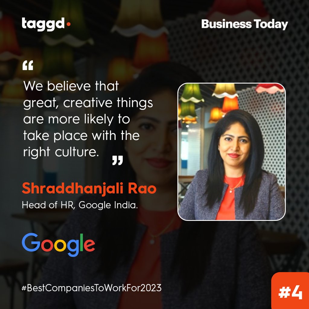 _taggd's tweet image. Ranked #4 in the list of #BestCompaniesToWorkFor2023 is @GoogleIndia Shraddhanjali Rao, Head of HR, shares the various initiatives that makes Google India one of the most coveted workplaces. Read more here: hubs.li/Q01Pv5CL0