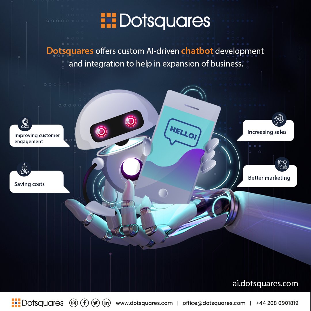 dotsquares's tweet image. Unlock the power of AI and ML for your business with our Custom Build Chatbot Integration! Say &apos;goodbye&apos; to tedious customer support tasks and &apos;hello&apos; to a smarter way of engaging with your customers!

hubs.li/Q01Pv5g90
#AIforBusiness #MachineLearning #ChatbotIntegration