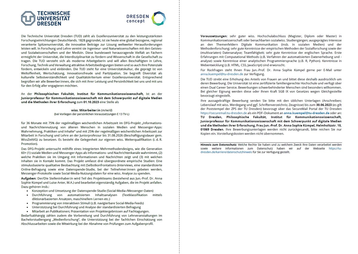 Wir suchen Verstärkung! Ab 1.10. ist im DFG-Projekt zur Informationsnutzung von Senior:innen auf sozialen Medien von <a href="/kuempelanna/">Anna Sophie Kümpel</a> eine WiMi-Stelle zu besetzen. 75% Projekt, 25% Mitarbeit an der Professur. Gerne teilen! Alle Infos: tinyurl.com/mamk87n4