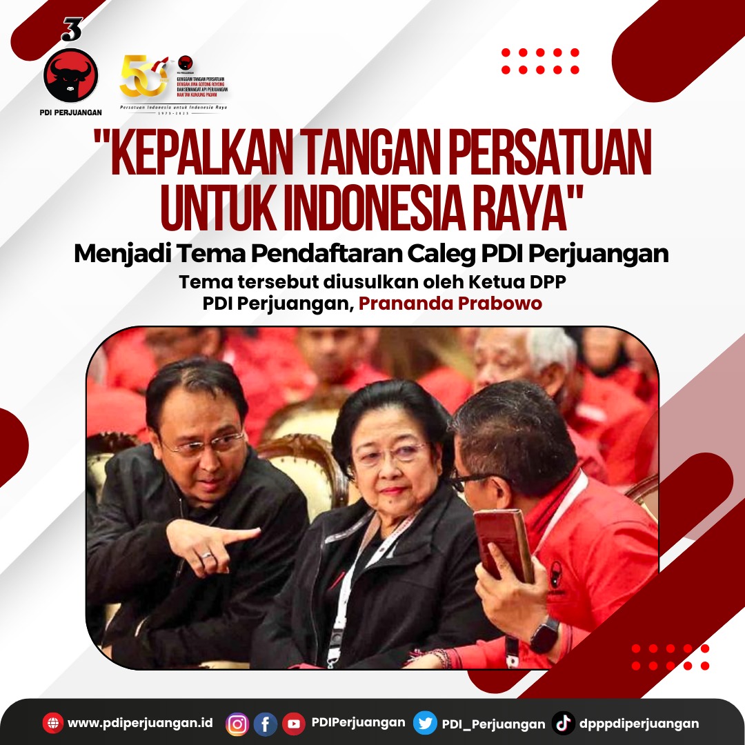 PDI_Perjuangan's tweet photo. "Kepalkan Tangan Persatuan Untuk Indonesia Raya". Tema itu ditetapkan oleh Ketua DPP PDI Perjuangan, Muhammad Prananda Prabowo.

"Temanya di dalam pendaftaran caleg ini oleh Mas Prananda telah diusulkan dan disetujui 'Kepalkan Tangan Persatuan Untuk Indonesia Raya'," katanya.

Hasto juga menuturkan tema yang ditetapkan Prananda sesuai dengan nomor urut PDI Perjuangan yang telah ditetapkan KPU. Adapun nomor urut peserta pemilu ialah 3.

#PDIPerjuangan
#50tahunPDIP
#bangunlahjiwadanbadannya
#SolidBergerak
#MEnangkanGAnjar