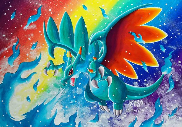 再掲】 色違いメガリザードンX✨🔥🐲✨ #アナログ絵 #ポケモンイラスト