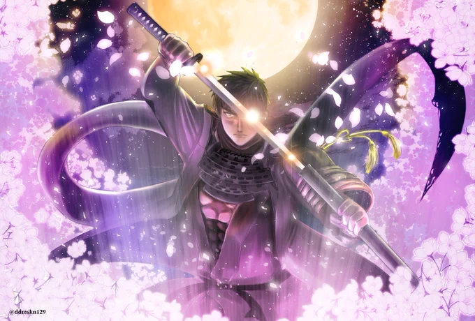 #刀剣男士の花まつり  このタグ誰でも参加できるタイプ? 過去に描いた夜桜同田貫と、今年の審神者就任記念として描いていたはずが結局完成まで行き着いてない初期刀と最推しのものはあります…