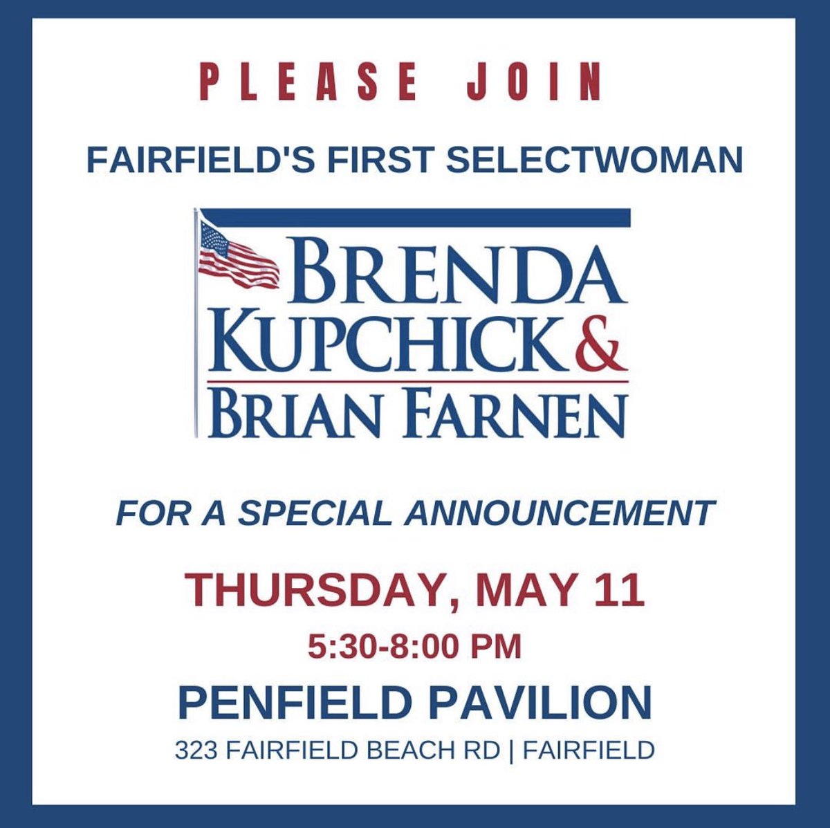 FairfieldRTC's tweet image. We’re very excited for First Selectwoman @BrendaKupchick’s announcement later tonight! 

I hope you’ll join us!

RSVP ➡️: tinyurl.com/BrendaandBrian

#FairfieldCT #CommitmenttoCommunity