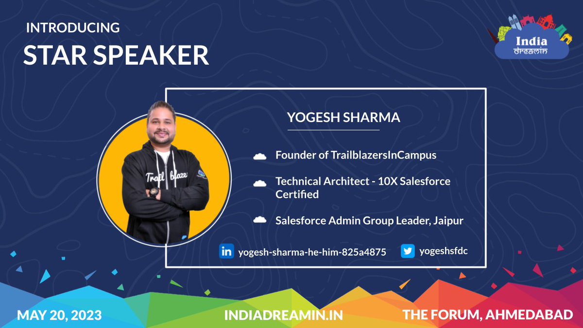 We are thrilled to announce our next🌟Star Speaker 🌟 Yogesh Sharma for India Dreamin’ 23.

Blog Link: indiadreamin.in/2023/05/11/sta…

#indiadreamin23 #TrailblazerCommunity #starspeaker
<a href="/Mitzeey92/">Mitul Patel</a> <a href="/Vinayforce/">Vinay Chaturvedi</a> <a href="/shivanathd/">Shivanath (he/him)</a> <a href="/salesforce/">Salesforce</a> 
<a href="/kdsharmas/">Kuldeep Sharma</a> <a href="/shail_sfdc/">Shailendra Sharma</a> <a href="/Sharif_Shaalan/">Sharif Shaalan</a> <a href="/yogeshsfdc/">yogesh sharma (He/Him)</a>