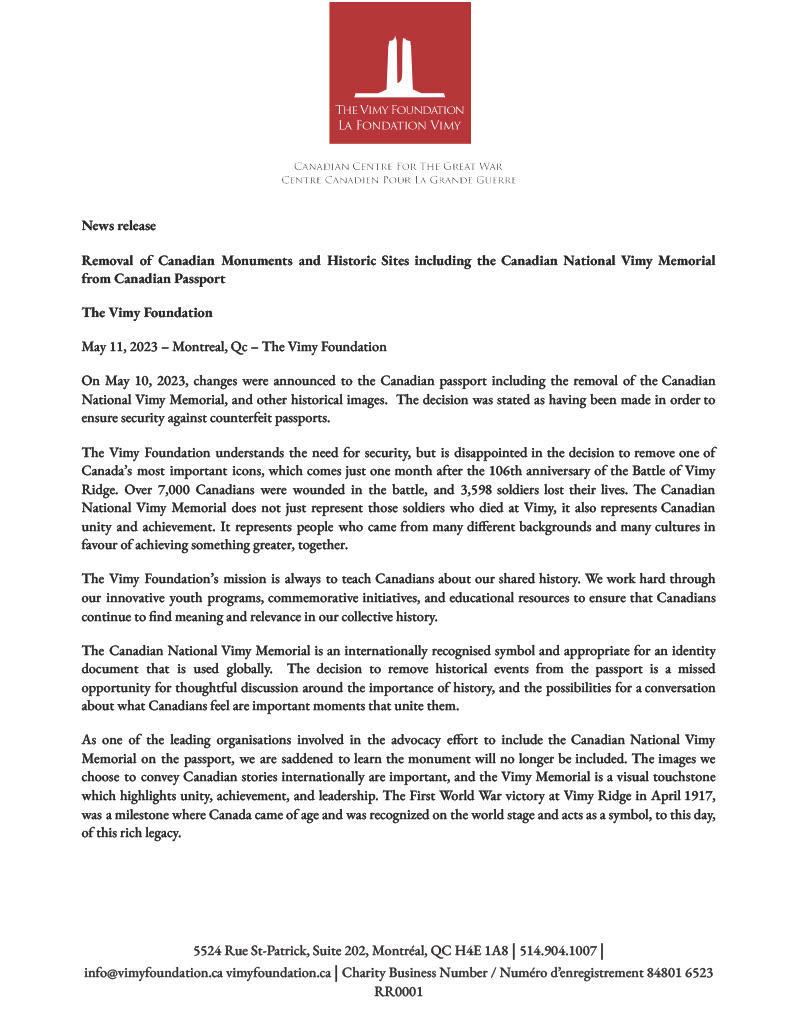 vimyfoundation's tweet photo. Our response to the removal of the Canadian National Vimy Memorial from the Passport. Follow the link to read the full News Release.

https://t.co/ZAa2RBc0k3 https://t.co/YphBMVD98v