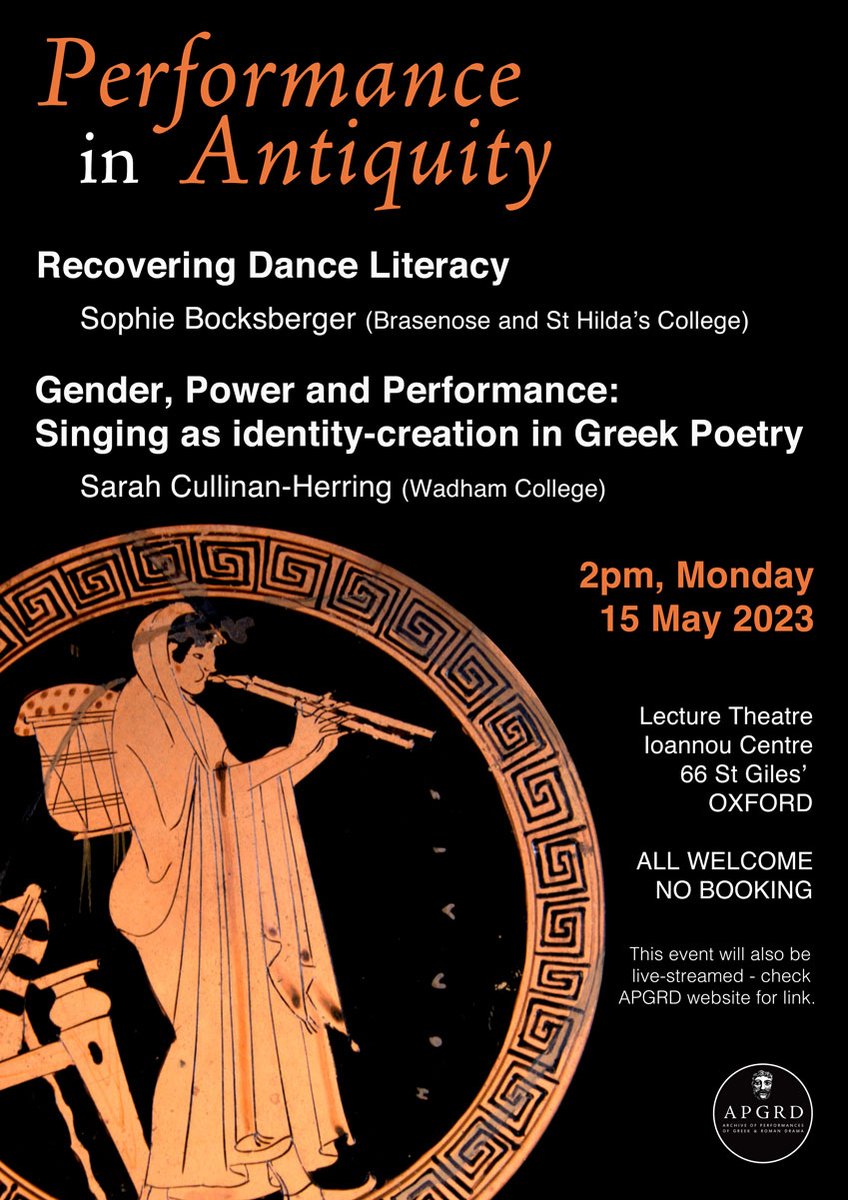 REMINDER 📢 2pm (bst) MONDAY:
#Performance in #Antiquity 🎶💃
We hope to have a large in-person audience for Sarah and Sophie's talks but for those who cannot make it to Oxford, you can watch the live-stream from our lecture theatre at:  ox.cloud.panopto.eu/Panopto/Pages/…

#ClassicsTwitter
