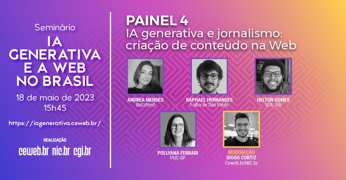 Com #IA de fácil acesso e capaz de criar imagens, textos, vídeos e áudios, qual será o futuro do jornalismo?
Pesquisadores e jornalistas discutem a criação de conteúdo na Web em tempos de IA generativa, na quinta-feira (18)! Já se inscreveu? > iagenerativa.ceweb.br