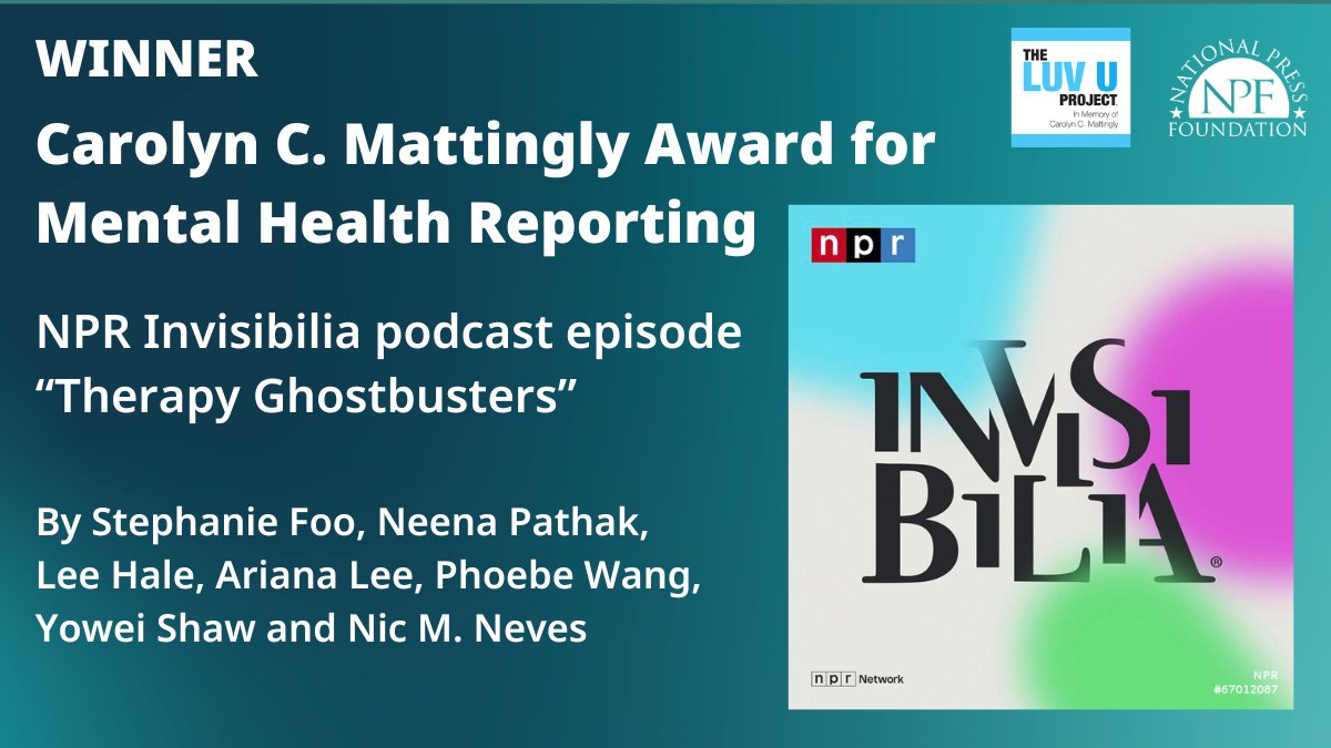NatPress's tweet photo. 3/4: Since 2015, NPF and @TheLuvuProject have given the $10,000 prize for exemplary journalism that illuminates and advances the understanding of mental health issues and treatments. 
https://t.co/EVgPMNYTBP https://t.co/UivAaXwDmL
