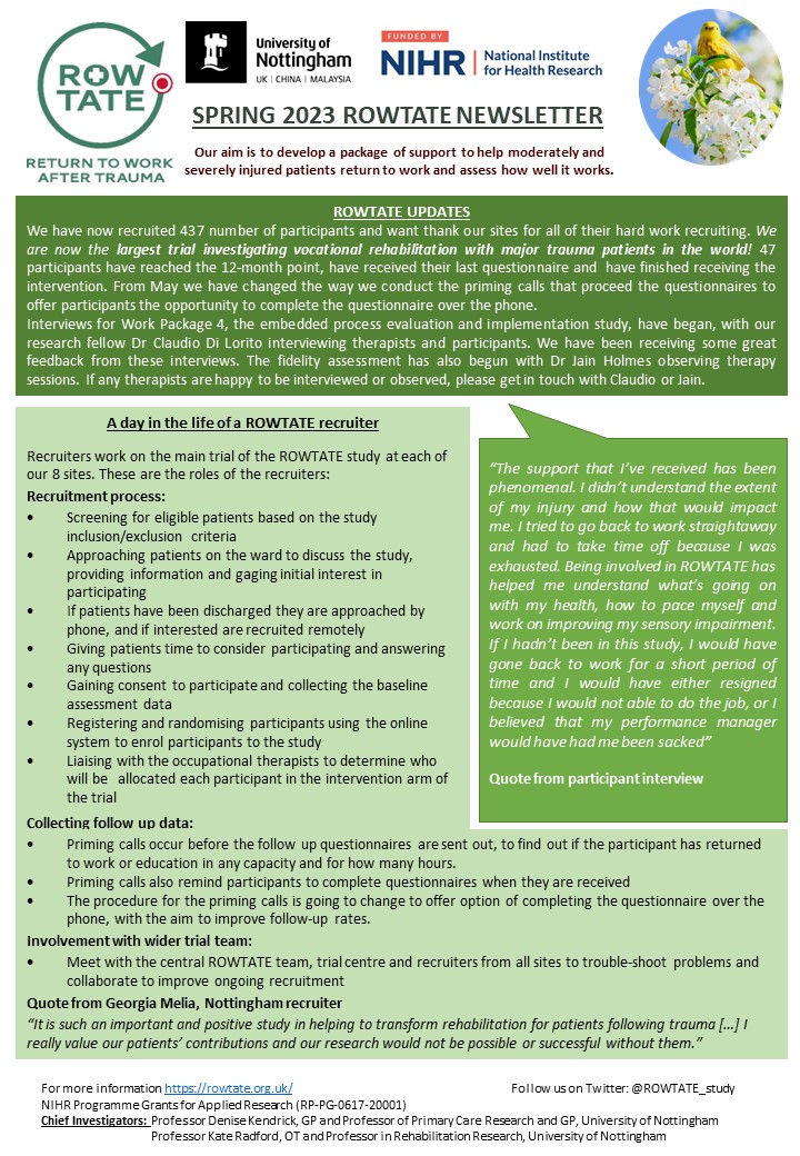 Thanks to our wonderful PPI newsletter team for putting together our Spring 2023 Newsletter. Check it out below to see how the trial is progressing and what our recruiters get up to when working on the trial