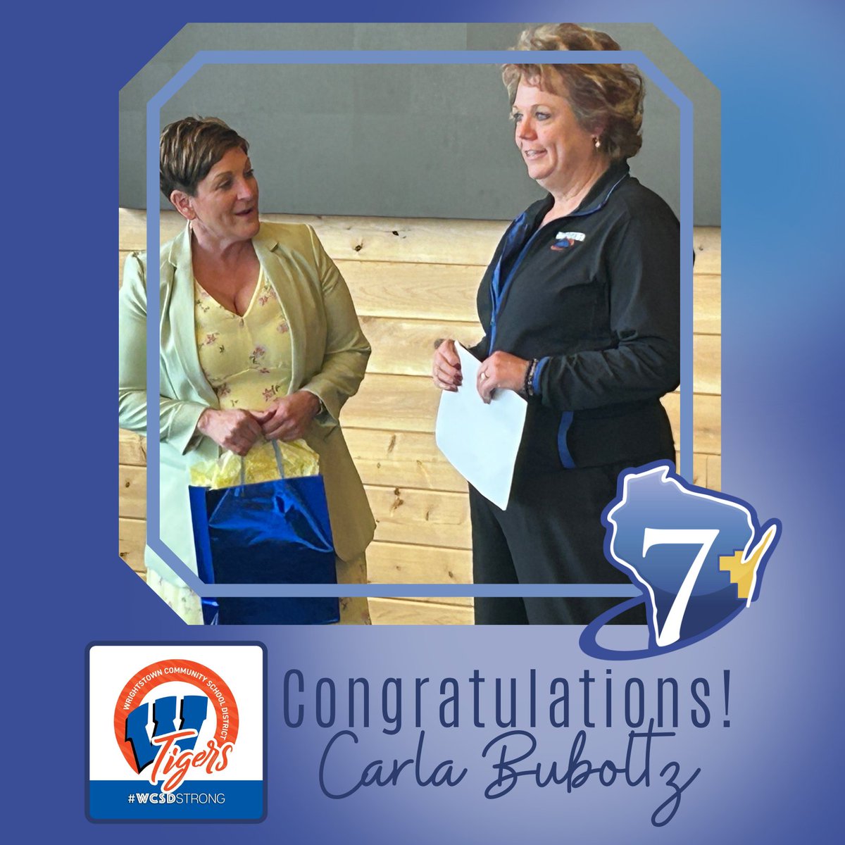 CESA7's tweet photo. 🙌At our recent C7 PAC meeting, we honored Carla Buboltz of @WrightstownCSD for her many years of service as Superintendent. Thank you for your leadership. Congratulations &amp; wishing you the best of everything in your retirement, Carla! #ThisIsC7 #WCSDStrong #C7Congrats https://t.co/ThvqddhMEV