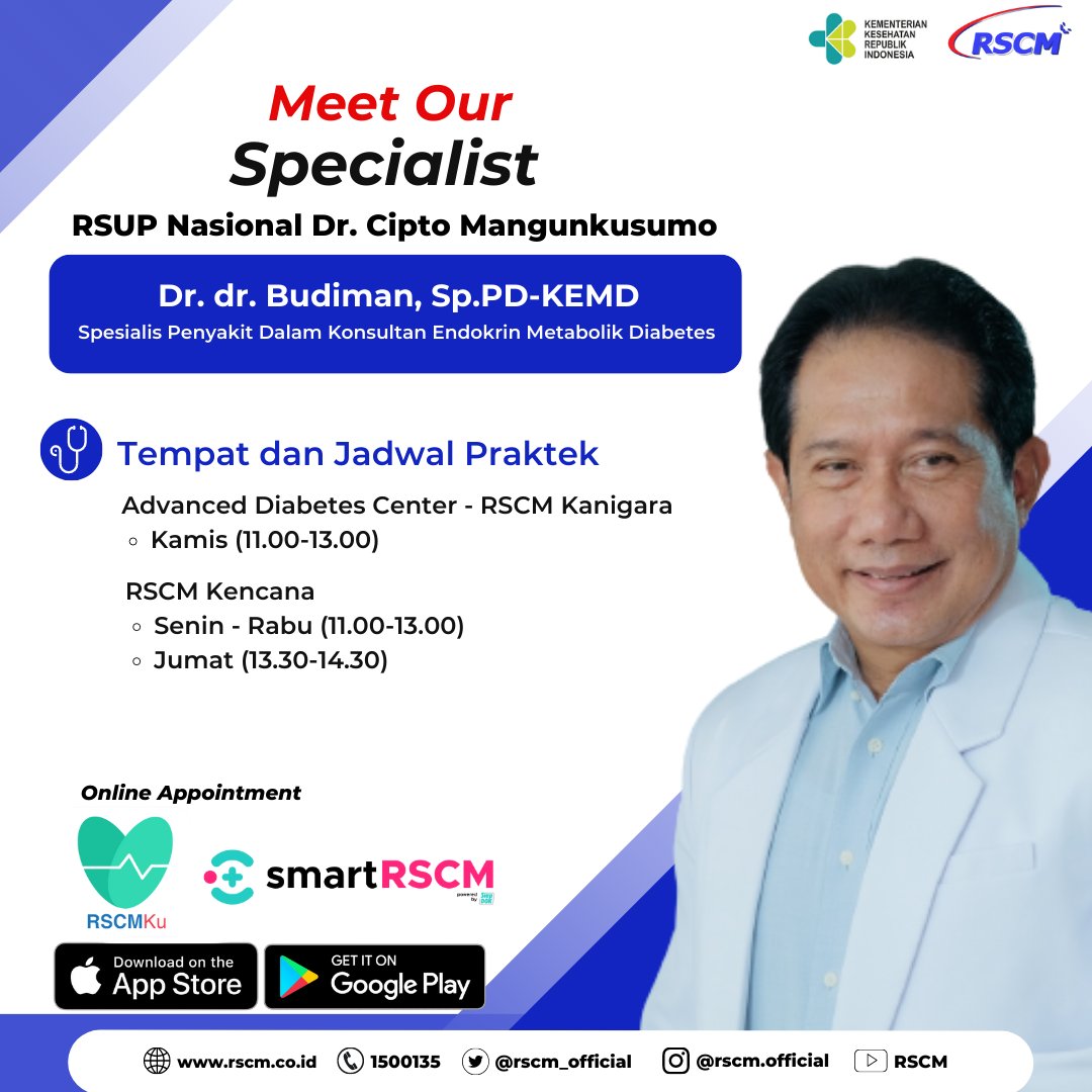 Konsultasikan permasalahan diabetes Anda kepada ahlinya 🩺

Dr. dr. Budiman, Sp.PD-KEMD

Informasi dan layanan pemeriksaan dapat menghubungi

📞 Call Center RSCM 1500135 (tanpa 021)
