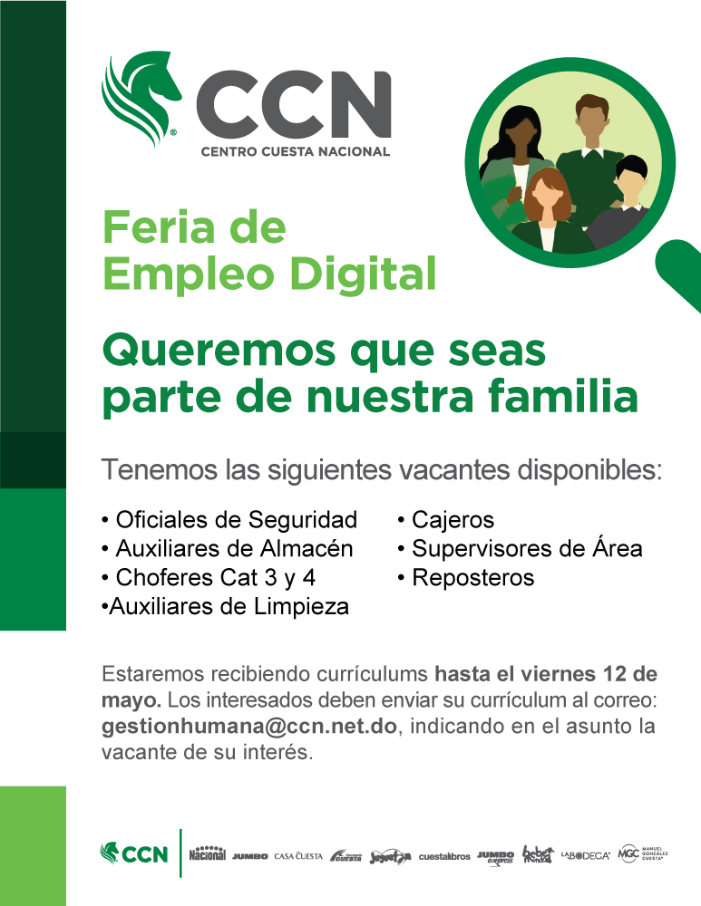 CentroCuestaNacional (@ccnrd) on Twitter photo Participa en nuestra Feria de Empleo Digital para vacantes disponibles en Santo Domingo.
Puedes enviar tu CV a gestionhumana@ccn.net.do indicando en el asunto la vacante de interés. Participa en nuestra Feria de Empleo Digital para vacantes disponibles en Santo Domingo.
Puedes enviar tu CV a gestionhumana@ccn.net.do indicando en el asunto la vacante de interés.
