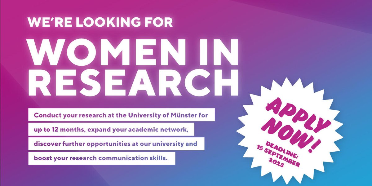 Heads up to our international female top-level postdocs! Want to pursue a joint research project in #Germany with a professor at our university? Apply now for a WiRe #postdoc fellowship and realize a project in 2024 on-site in Münster (or remotely): go.wwu.de/wire