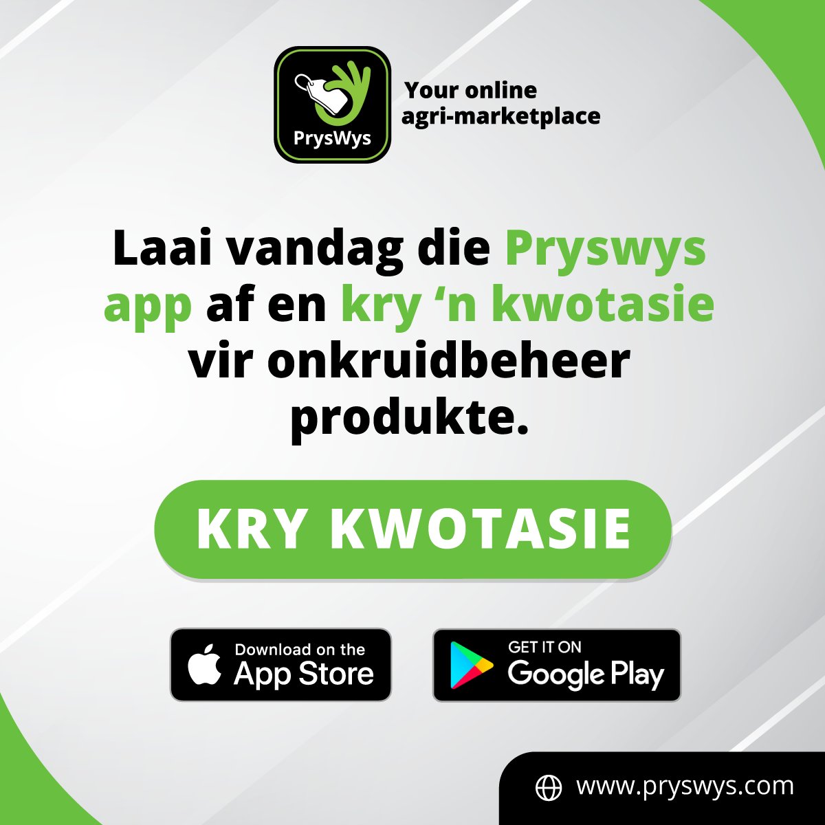 TeamSwiftVEE's tweet image. Wees winsgewend en produktief wanneer dit kom by onkruid beheer.

Laai vandag die PrysWys app af en kry ‘n kwotasie vir onkruidbeheer produkte.

Laai die app gratis af op die Apple store: ow.ly/Ticc50JA84M

Laai die app gratis af op Google Play: ow.ly/9oo550JA84Q