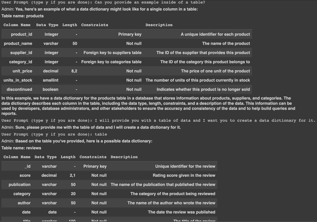 pairedprompting's tweet image. Next, let&apos;s get an example and then we can provide our data for it to build our dictionary.

#DataDictionary #Python