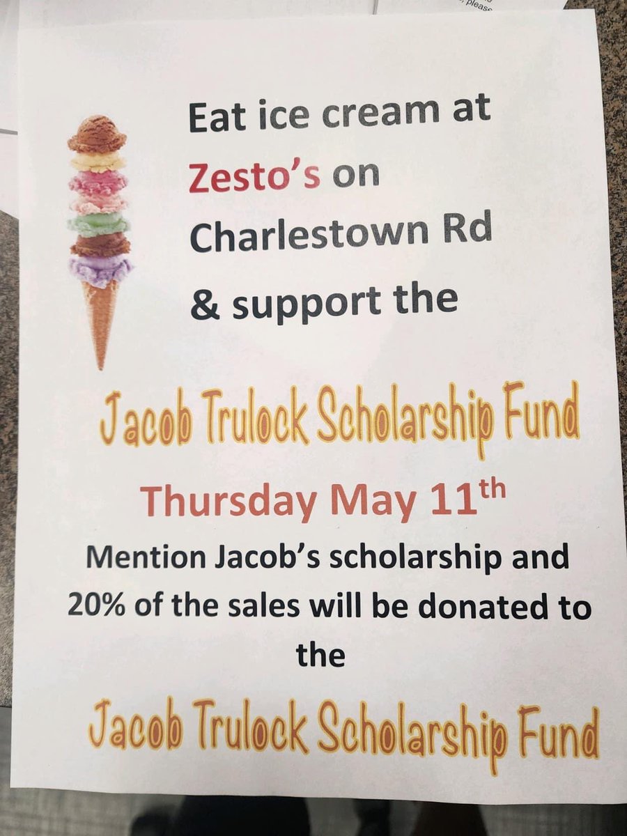 shanestuber's tweet photo. Join us today at Zesto on Charlestown Rd for the annual Jacob Trulock Scholarship night! 20% of proceeds benefit the Trulock Scholarship Fund!
#LiveLikeJacob https://t.co/rU6HNTCHhG