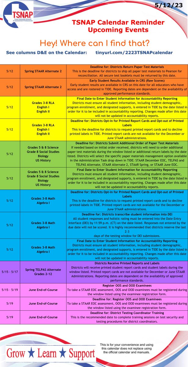 JamieHBarron's tweet photo. TSNAP Calendar Reminder 5/12/23 - a day early!
@tsnaptalk #tsnap

*Here's the link to the full calendar: https://t.co/NuIOMSNoyT
Be sure to look at the "Hey! Where can I find THAT?" Column" for help with each event/activity. https://t.co/qQtAdYSXPc