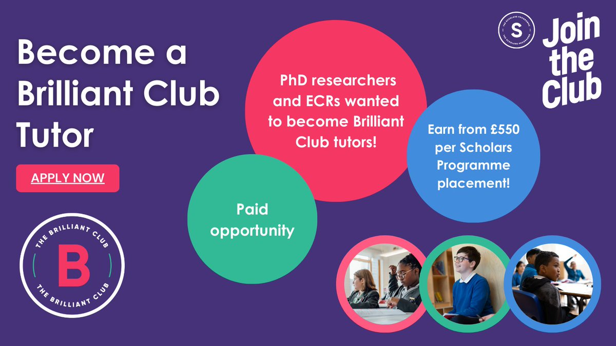 Looking for part time work while you study for your PhD or just need some extra income? We're hiring! 

Become a Brilliant Club tutor and support less advantaged young people realise their full potential.

Get in touch today ➡️ bit.ly/3JFx0cF

#JoinTheClub