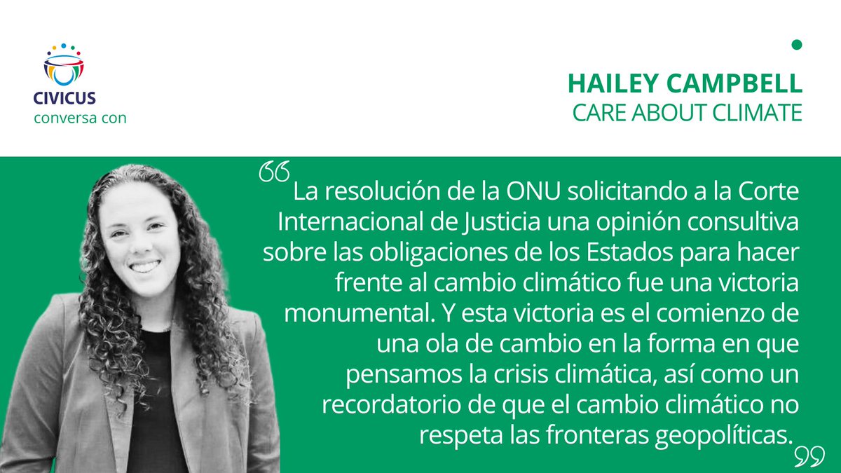 👥Conversamos con @hailey_campbell de @careaboutclimate sobre la resolución de la @ONU_es sobre medio ambiente, que habilita a la @CIJ_ICJ a emitir una opinión consultiva sobre las obligaciones de los Estados para hacer frente al cambio climático.
📲web.civicus.org/HaileyCampbell…