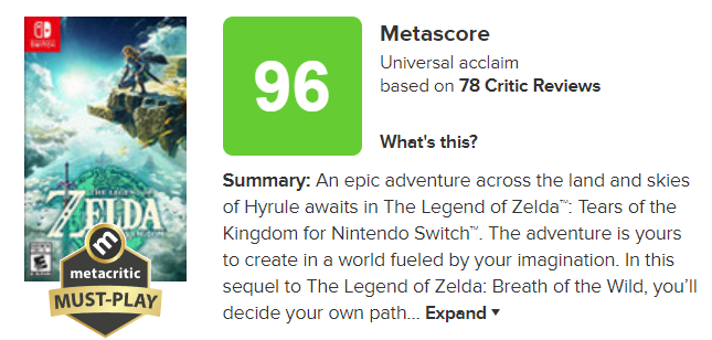 The Legend of Zelda: Tears of the Kingdom' Metacritic Rating and