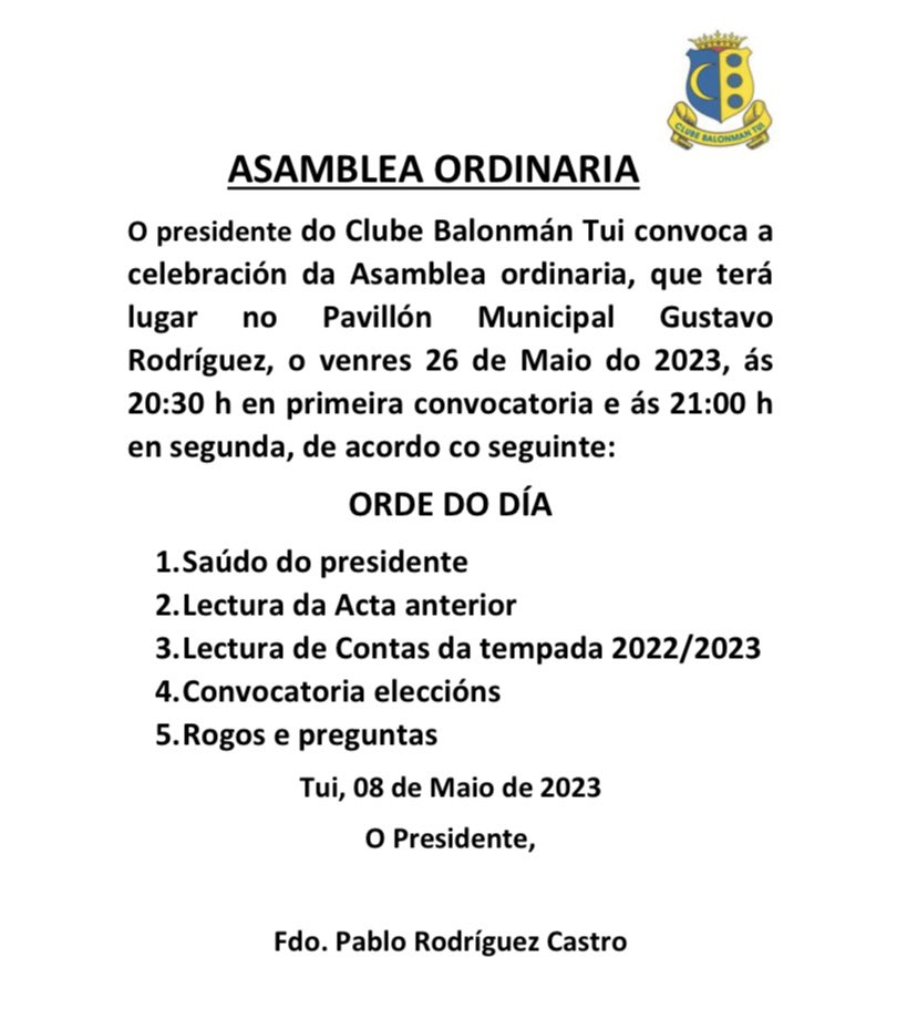 📢COMUNICADO OFICIAL 📢

📝 Asamblea Ordinaria 
📅Venres 26
🏟️Pavillón Municipal Gustavo Rodríguez 
⌚️20:30 h