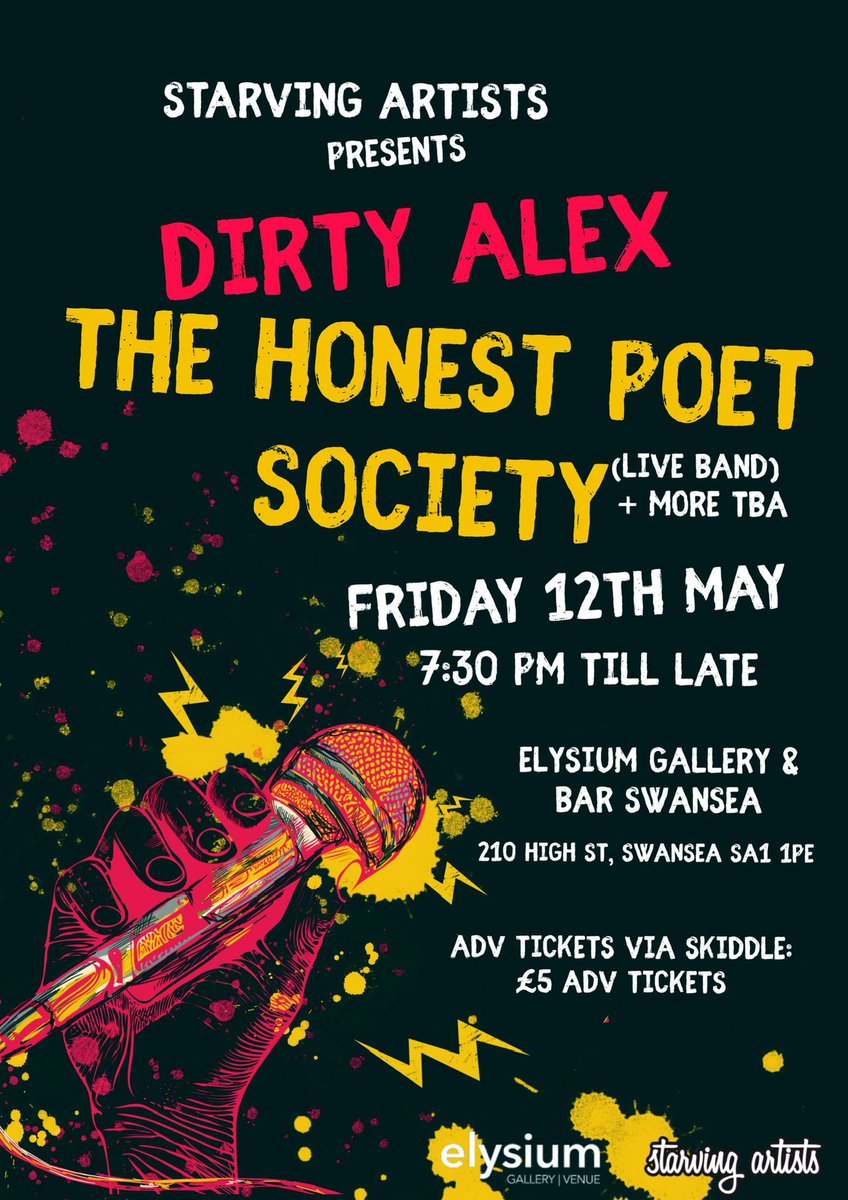 Starving Artists (@starvingartists) on Twitter photo This Friday <a href="/Dirty_Alex_Band/">Dirty Alex</a> and <a href="/TheHonestPoet8/">The Honest Poet.</a> will be performing at @elysiumswansea!
Friday 12th May
7:30pm till late
Be ready for live music and good vibes! Spread the word!!
#starvingartistscdf #thehonestpoet #dirtyalex #hiphop #jazz #livemusic This Friday <a href="/Dirty_Alex_Band/">Dirty Alex</a> and <a href="/TheHonestPoet8/">The Honest Poet.</a> will be performing at @elysiumswansea!
Friday 12th May
7:30pm till late
Be ready for live music and good vibes! Spread the word!!
#starvingartistscdf #thehonestpoet #dirtyalex #hiphop #jazz #livemusic