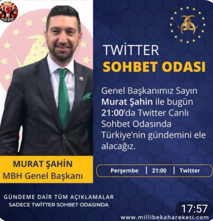 Bu akşam saat 21:00 da kimselere söz vermiyoruz.
Milli Beka Konfederasyonu Başkanımız Sn.Murat Şahin ve Gönül Birliği dostlarıyla sohbet odamıza hepinizi bekliyoruz.
Çarpıcı konular ve konuşmacılarıyla yine gündemi değerlendireceğiz.
<a href="/muratsahin2023/">Murat Şahin</a> 
<a href="/sympaty18/">Sempati-k</a> 
@Beninsan_sevmim