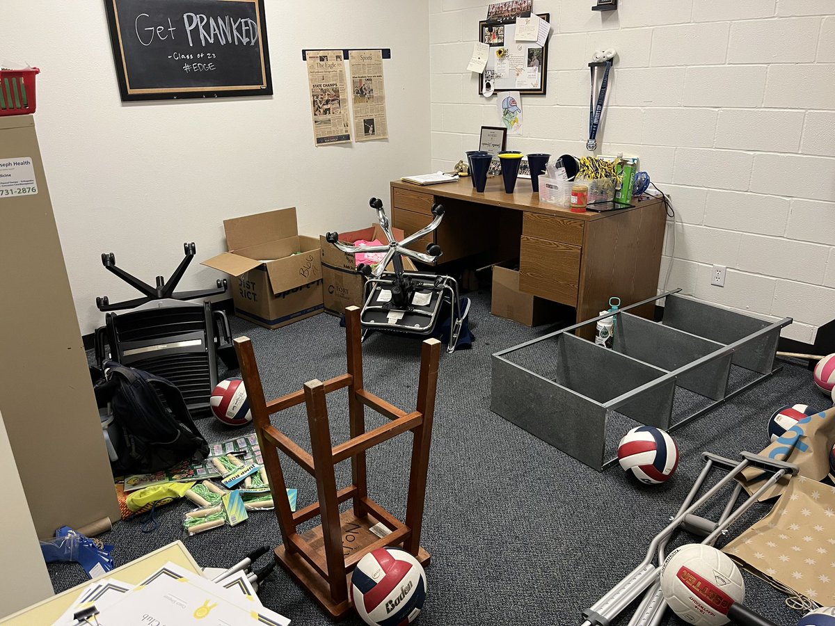 CoachSammiC's tweet image. Well… the #EDGE seniors definitely left their mark 🤣 my office needed redecorating anyway! 
#seniorpranks #RamTough