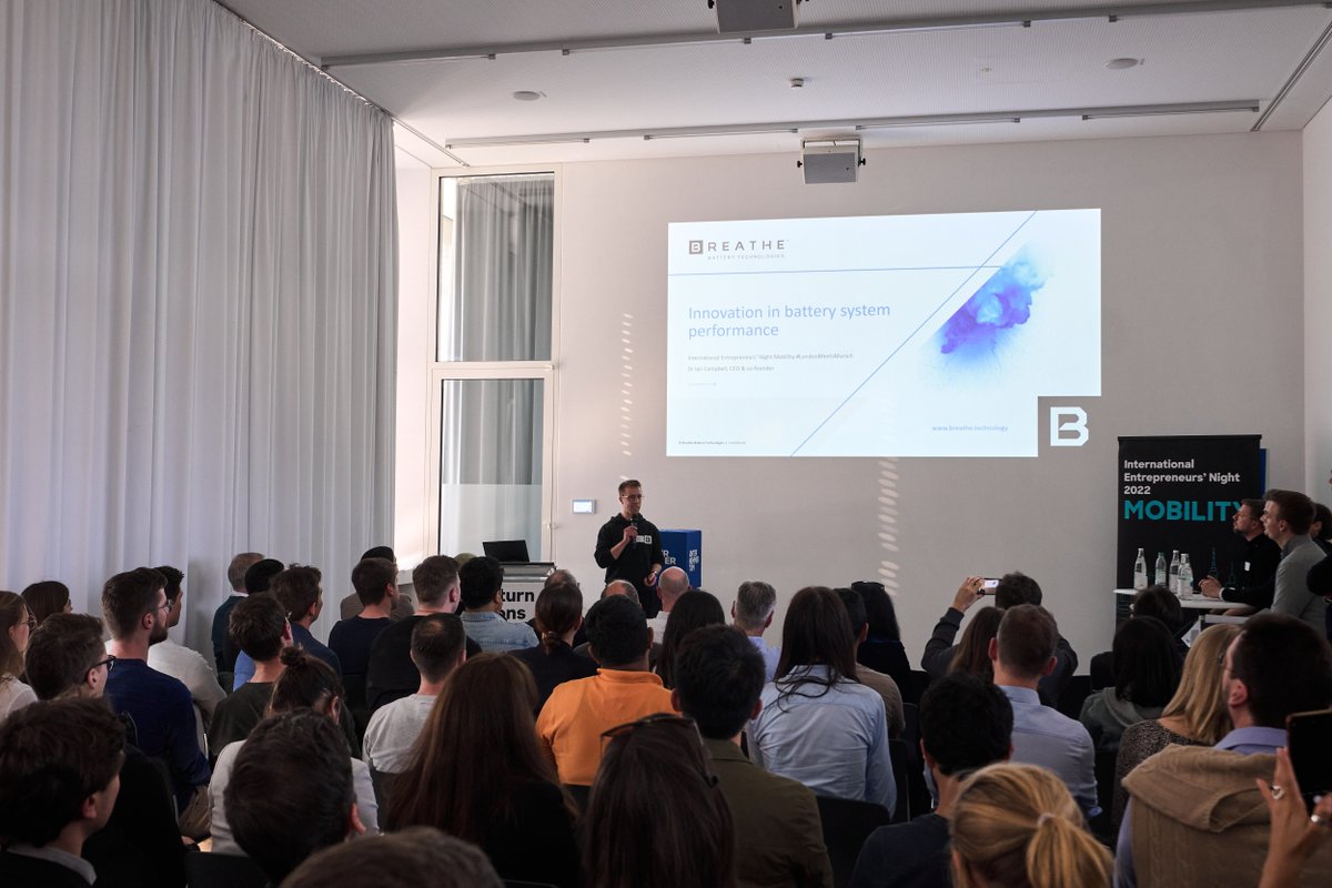 BreatheBT's tweet photo. Our CEO, Dr Ian Campbell at International Entrepreneurs' Night @utum_muc. Munich-London collaboration on technology for #mobility.
@InvestinBavaria / @ImperialIdeas / @ICEnterpriseLab / @TU_Muenchen
Images: Fabian Vogl
#LondonMeetsMunich #batteries #futureisclean https://t.co/cMED9Bonah