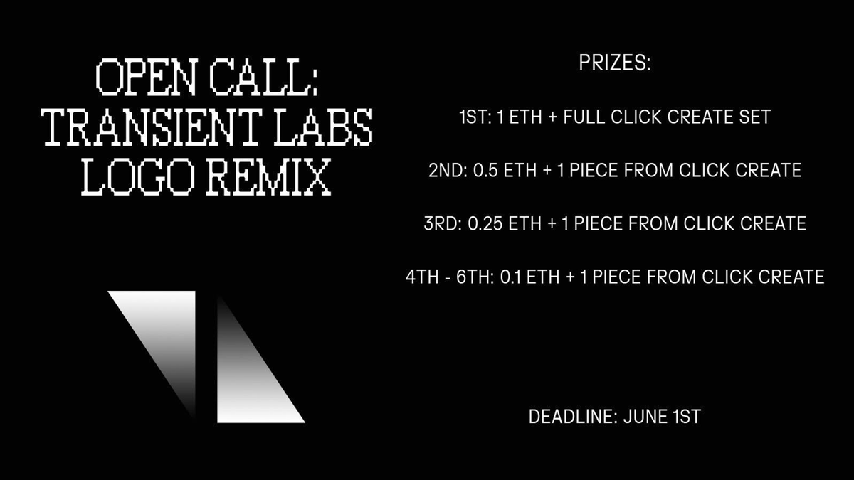 📢 OPEN CALL 📢 
✨ Transient Labs Logo Remix ✨ 

🎨 To Enter:
Read the competition description carefully
1. Follow <a href="/TransientLabs/">Transient Labs</a> &amp; <a href="/joynxyz/">Joyn</a> 
2. Like &amp; RT this tweet
3. Create &amp; post your unique logo remix artwork using #TransientLogoRemix

🗓️ Deadline: June 1st