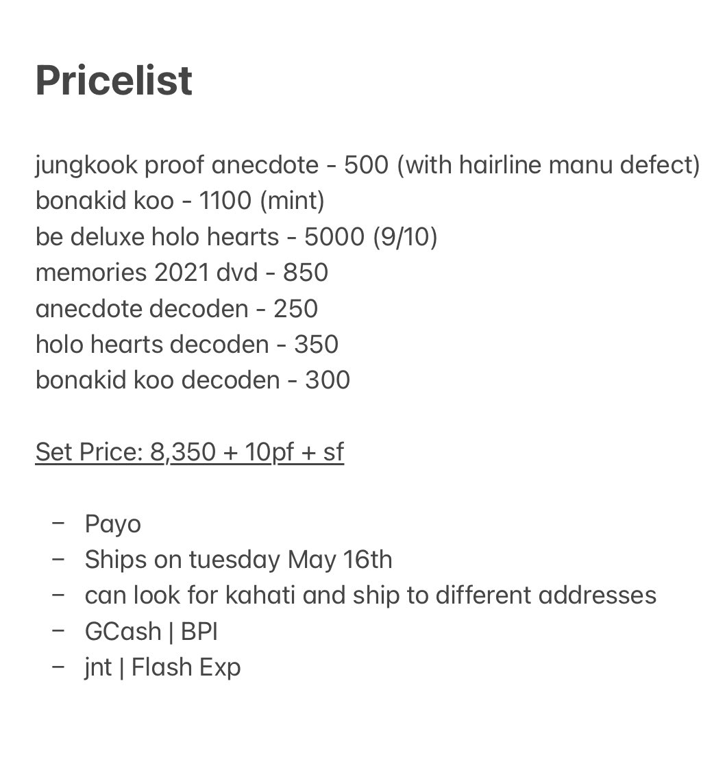 thvjjkhaul's tweet photo. NOT CLAIMING TWEET YET

ic interest check wts lfb bts pc ph

jungkook proof anecdote
bonakid koo
taehyung be deluxe holo hearts 
memories 2021 dvd 
anecdote decoden 
holo hearts decoden 
bonakid koo decoden 

claiming tweet at 10PM https://t.co/NGjdZuWcwB