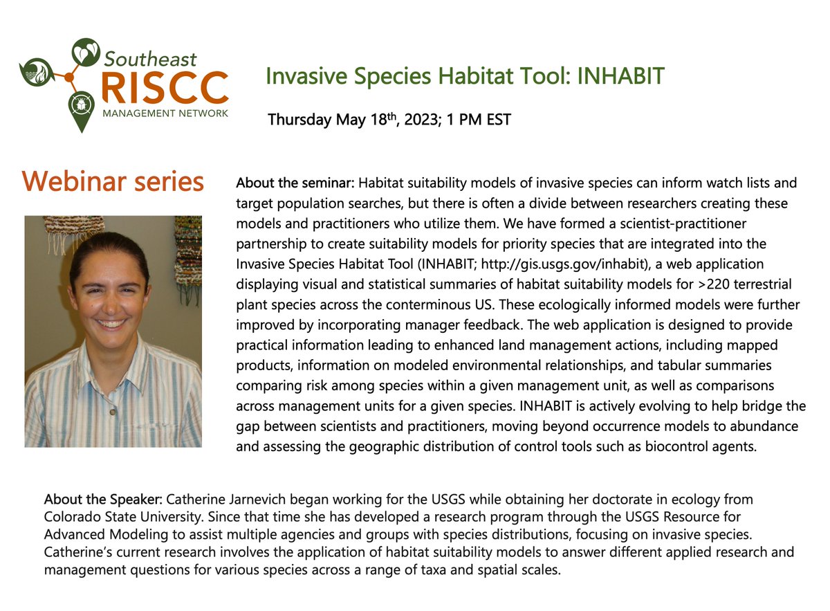 Please join us one week from today at 1 PM EST to hear Dr. Jarnevich discuss the Invasive Species Habitat Tool: INHABIT (Registration link: ufl.zoom.us/meeting/regist…)