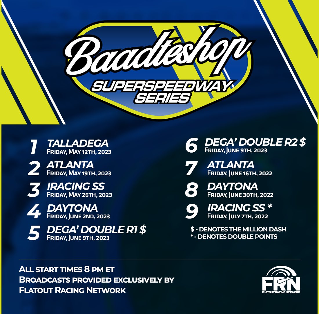 UpperEdgeRacing's tweet photo. Tomorrow, the @baadteshop Superspeedway Series returns for Season 4!

Doubleheaders return, Trophies return, and the new “Million Dash” has been added!

There’s still time to sign up! Click the discord link below to learn more and get entered to race:

https://t.co/NMqPjeDQQI https://t.co/pKFXkw7Cw3