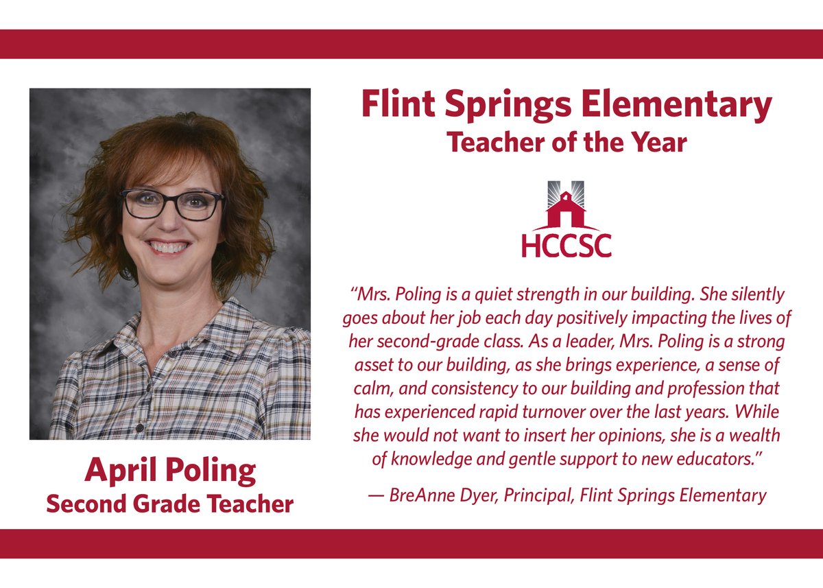 hccsofficial's tweet photo. We continue in honoring our district's Teachers of the Year and Classified Staff of the Year today by congratulating Flint Springs Elementary School's Teacher of the Year, April Poling, and Classified Staff of the Year, Lori Satchwill! https://t.co/VBfaX5zeI8