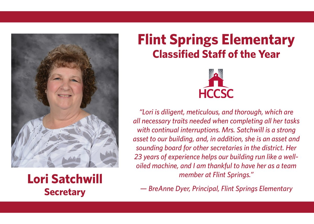 hccsofficial's tweet photo. We continue in honoring our district's Teachers of the Year and Classified Staff of the Year today by congratulating Flint Springs Elementary School's Teacher of the Year, April Poling, and Classified Staff of the Year, Lori Satchwill! https://t.co/VBfaX5zeI8