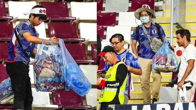 idextratime's tweet photo. Aksi terpuji dari para pendukung timnas Jepang yang mengumpulkan sampah di stadion, meskipun timnas Jepang harus kalah telak 6-0 dari timnas Indonesia dan dipastikan tersingkir dari Piala Asia. 🫡 https://t.co/LGBjlN2X6X