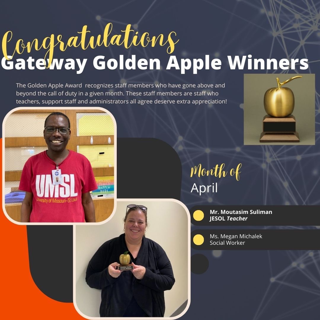What does one do with the Golden Apple 🍎🤔
Many congratulations to Mr. Suliman &amp; Ms. Michalek! Recipients of the April Golden Apple Award here at The STEM! #slps #slpsinfo