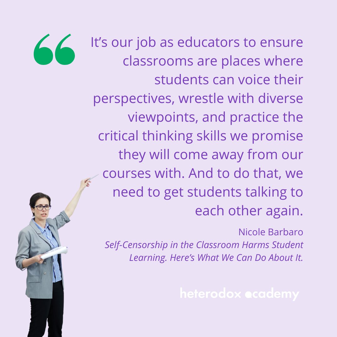 On the blog, @NicoleBarbaro explains that the data from the HxA Campus Expression Survey shows that students who interact more with their peers are more likely to share their viewpoints in class. We need to get students talking. heterodoxacademy.org/blog/self-cens…