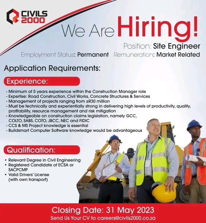 WE ARE HIRING! Do you fit the requirements? Join the Civils 2000 team today! Send your CV to careers@civils2000.co.za and we could be calling you soon. PLEASE NOTE: Applicants must put the position applying for in the subject line of the email. Closing date: 31st May 2023