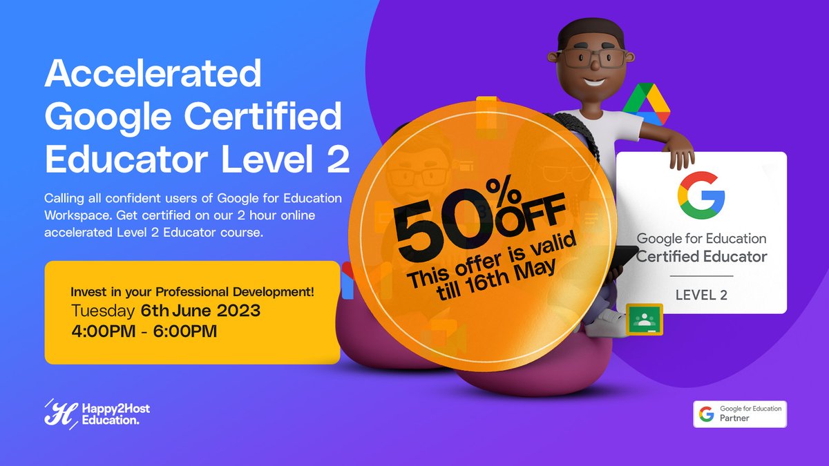 Happy2hostEdu's tweet photo. 🌟Level up your Google skills with our Accelerated Google Certified Educator Level 2 workshop on June 6th, 2023! 🎓

Save 50% using code 'ACCELERATE50' at registration! 

Limited spots available, don't wait: https://t.co/Gw3OWhDFmR 

#GoogleEdu #GCELevel2 #Happy2Host #EdTechPD https://t.co/jDdMygJbho