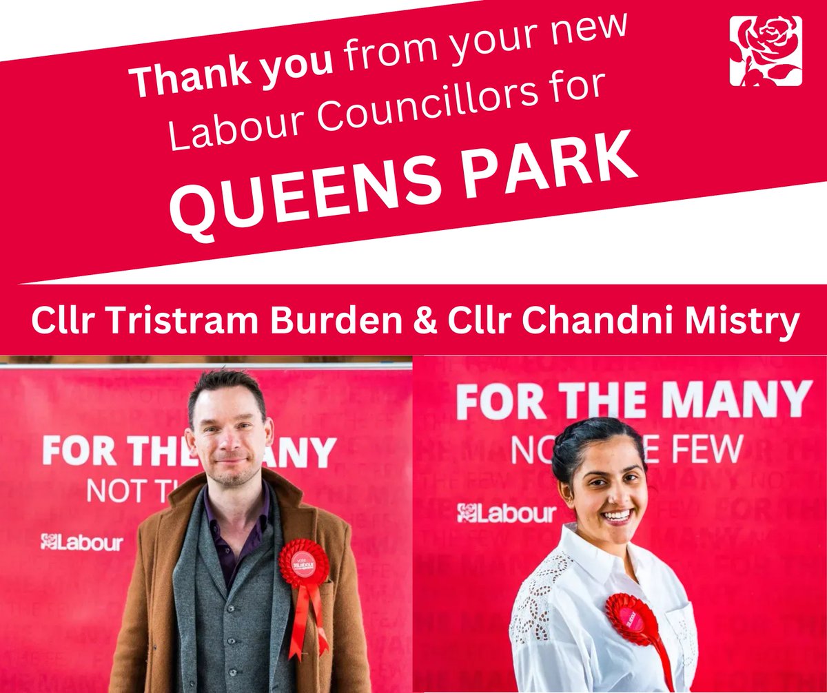 Introducing your new <a href="/bhlabour/">Brighton & Hove Labour Party</a> #councillors for #Queens #Park ward:

🌹 Cllr <a href="/TristramBurden/">Cllr Tristram Burden🌹</a> 
🌹 Cllr Chandni Mistry

Both are grateful to be elected and are ready to work hard in service of all residents! #LocalElections2023 #queenspark #Brighton #hove #bhcc #council
