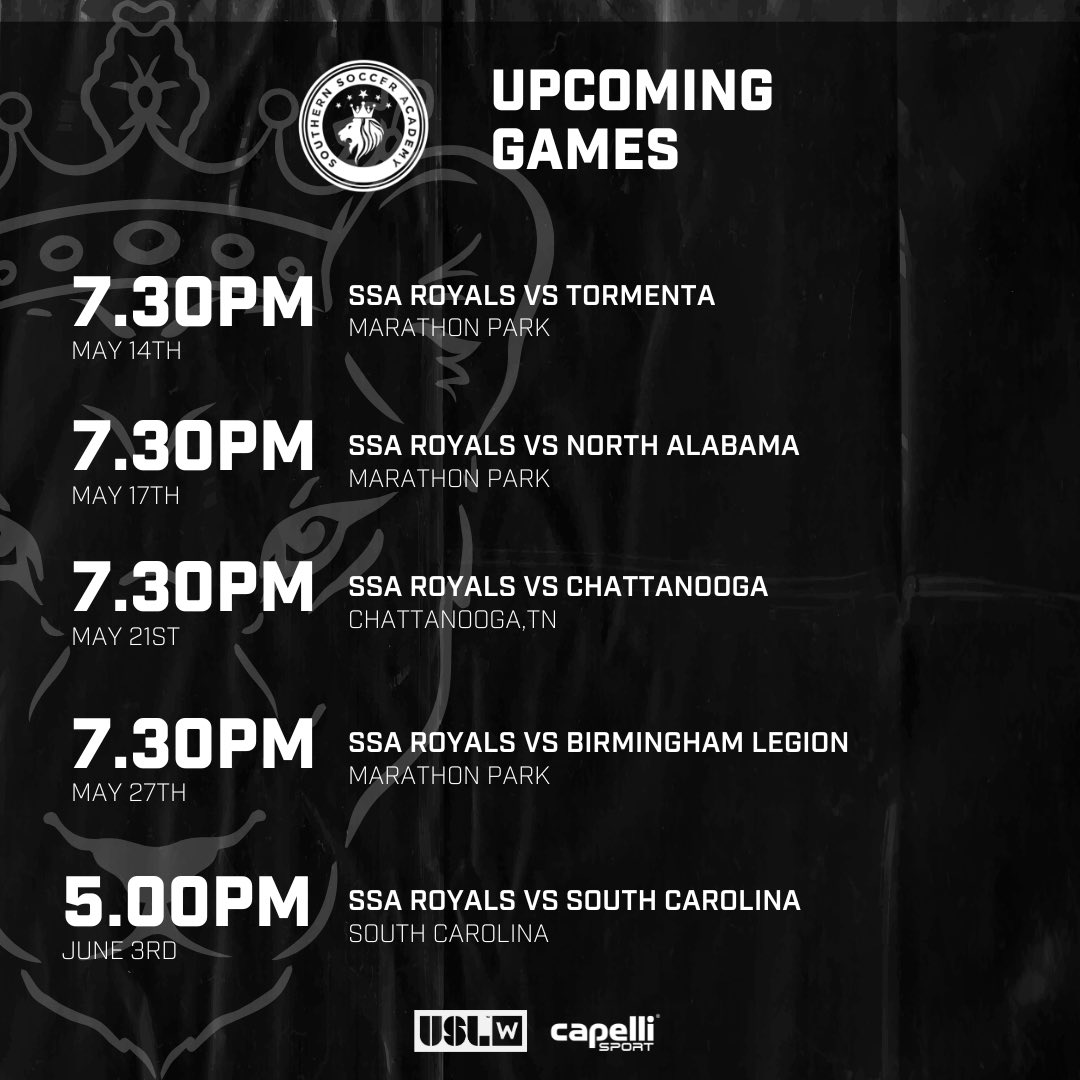 _ssasoccer's tweet photo. 𝐔𝐏𝐂𝐎𝐌𝐈𝐍𝐆 𝐆𝐀𝐌𝐄𝐒 🦁👑🔹

Check out our upcoming games for our @uslleaguetwo &amp; @uslwleague teams! 

Be sure to SAVE THE DATE and join us at Marathon Park to support your Kings &amp; Royals 👑⚽️

#Pathway2Pro #ForTheW https://t.co/cbfqPNE1iI