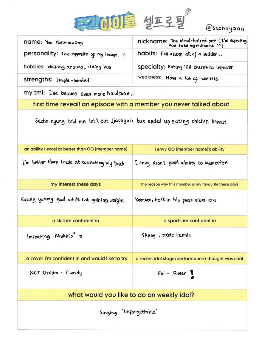seohoyaaa's tweet photo. [ENG] 230510 Hwanwoong’s Weekly Idol Self Written Profile

 #환웅 #ONEUS https://t.co/csyaGPOIfb