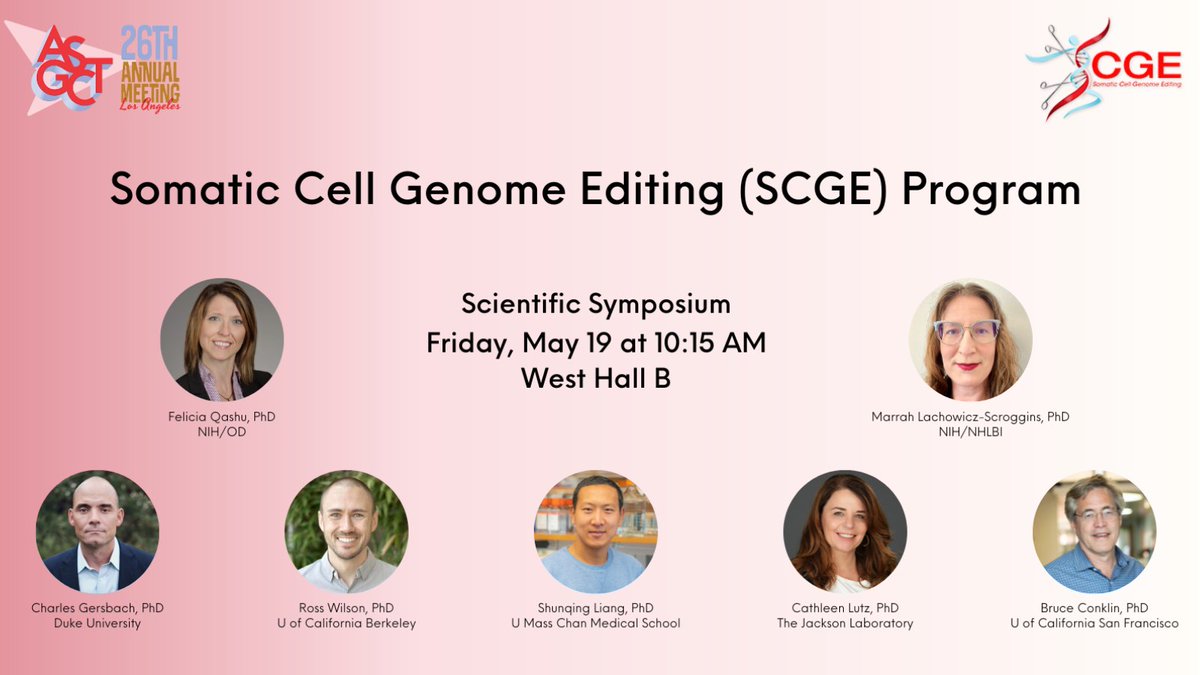 NIH_CommonFund's tweet photo. Want to know more about our @somaticediting program? Mark your calendars! Our researchers and program staff will speak about the program’s successes and most exciting advances in #GenomeEditing at #ASCGT23 on May 19. Learn more: https://t.co/Mona2yhcBx https://t.co/zx0Z3snLbw