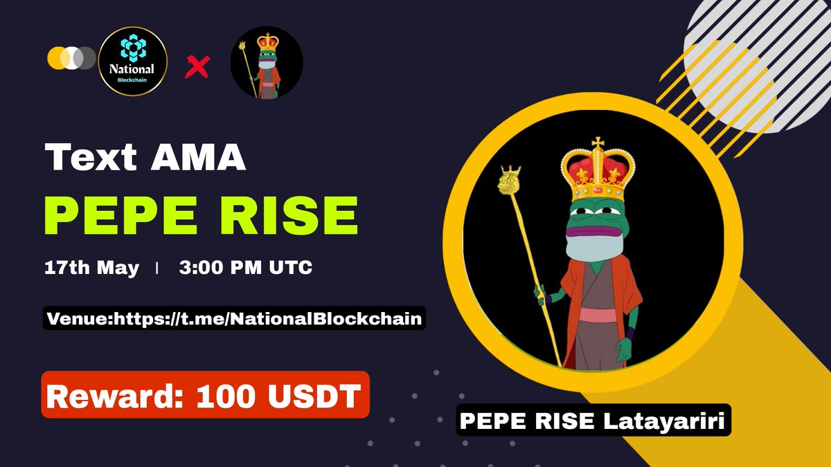 🔊 National Blockchain Glad To Announce our next TEXT AMA  🔊 with #PEPERISE

🕔 Date: 17th May 2023 at 3:00 PM  UTC
   
 Reward Pool: 100$ USDT 🔥
Venue:
 t.me/NationalBlockc…

〽️ Rules:

1️⃣ Follow 
<a href="/Nation_Airdop24/">NATIONAL BLOCKCHAIN । AMA +X- Space + Binance live</a>
 &amp;
<a href="/Peperiseio/">Peperise | SAFU</a>

2️⃣ (Like,Retweet Comment your Question)