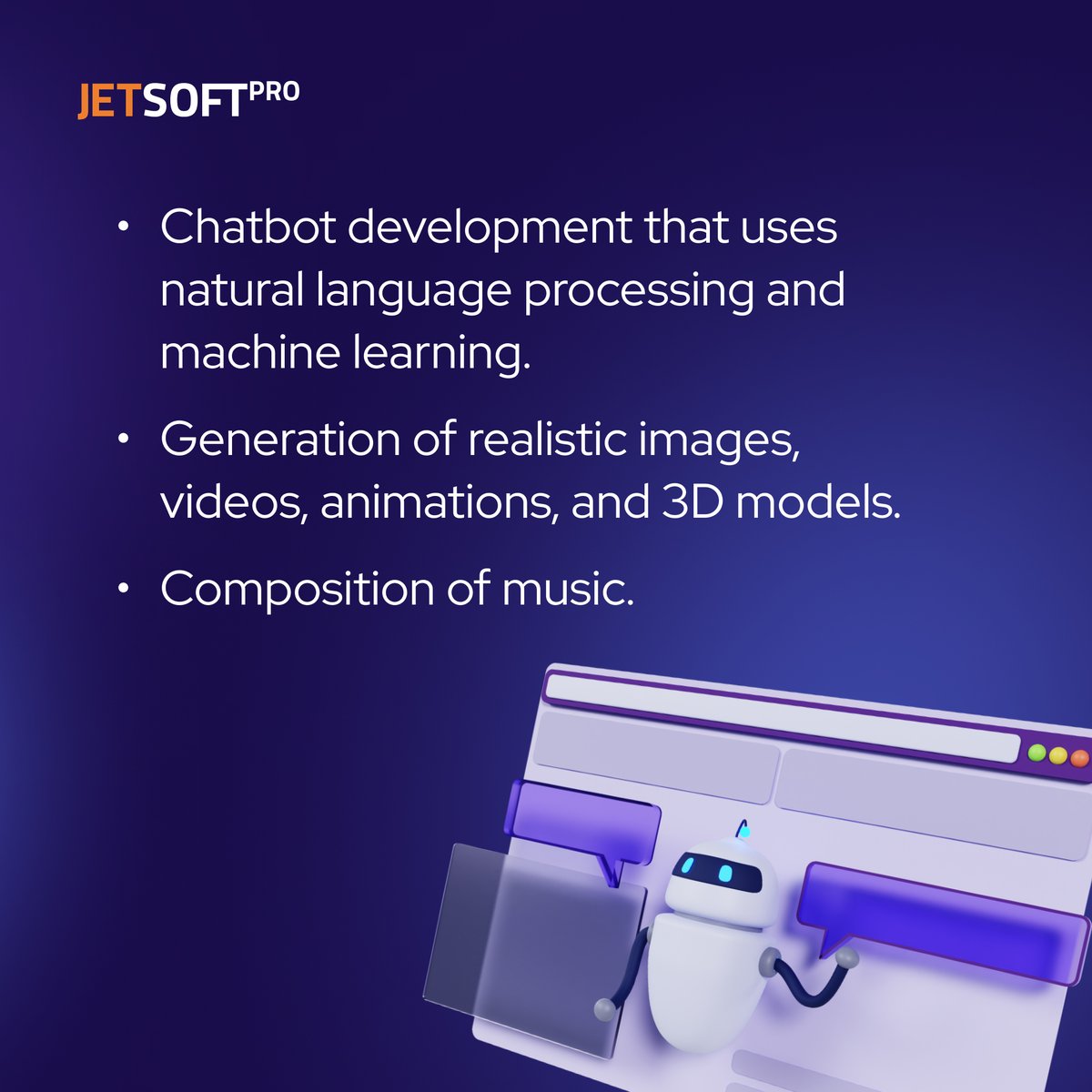 JetSoftPro's tweet photo. If you're interested in #generativeAI technology and want to create your innovative solution, the #softwaredevelopment company #JetSoftPro can help you. ๐
We utilize the latest algorithms to develop generative #AI solutions that are capable of generating content on their own. https://t.co/aaUtRezSeI