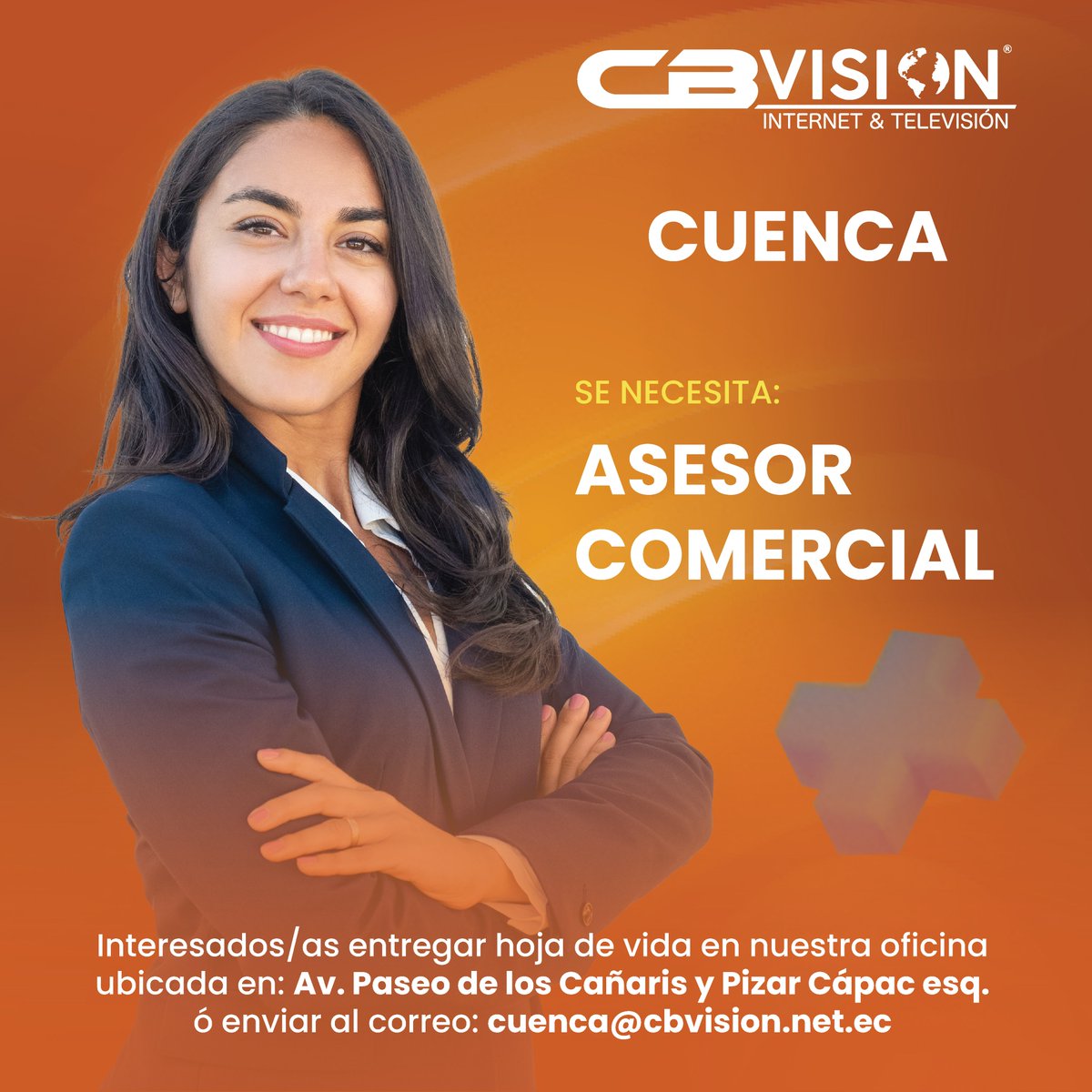 cbvisionec's tweet photo. #Cuenca 
Puesto: ASESOR COMERCIAL.
Requisitos:
- Mayor de edad.
- Experiencia en ventas.
- Paquete salarial atractivo.
- Estabilidad laboral.
Envíanos tu currículum a la dirección: Av. Paseo de los Cañaris y Pizar Cápac esq. Correo: cuenca@cbvision.net.ec https://t.co/H9BrbHVKiV