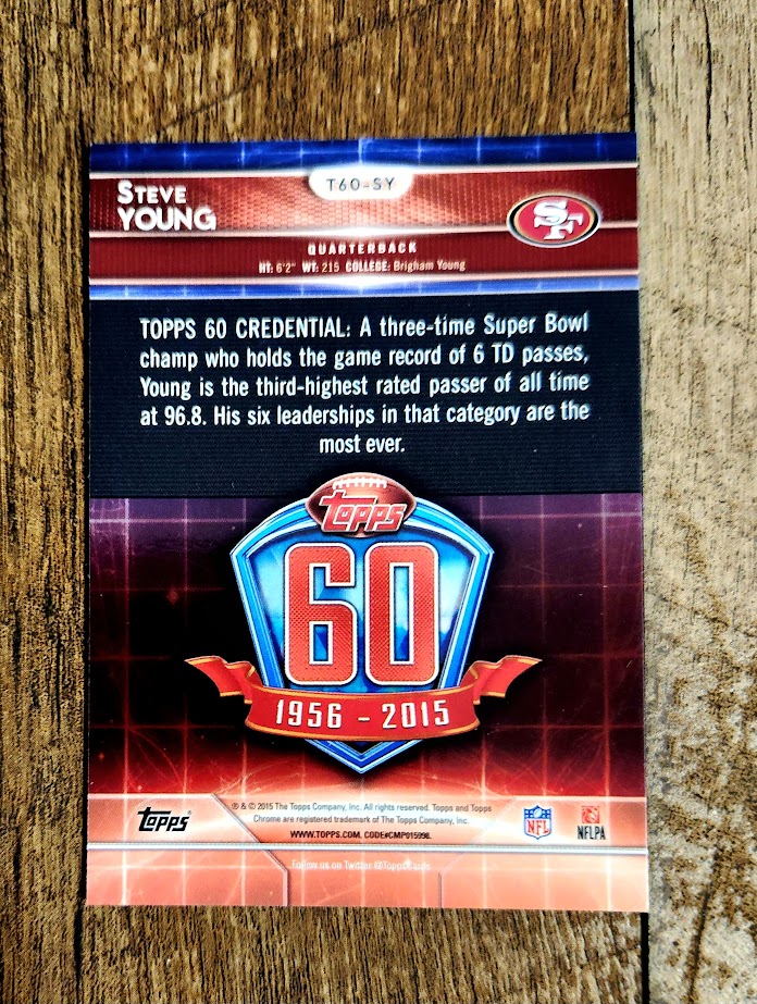 2015 Topps Chrome Steve Young, holds the record with 6 Super Bowl TDs
#steveyoung #byucougars #byufootball #49erscards #49ersfaithful #49ersfootball #gocougs #superbowlmvp #superbowlchamp #footballcards #footballhalloffame #nfl #byu #toppschrome
